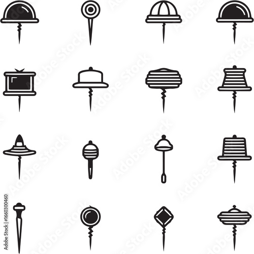 Hat Pins black Line Editable Icons set