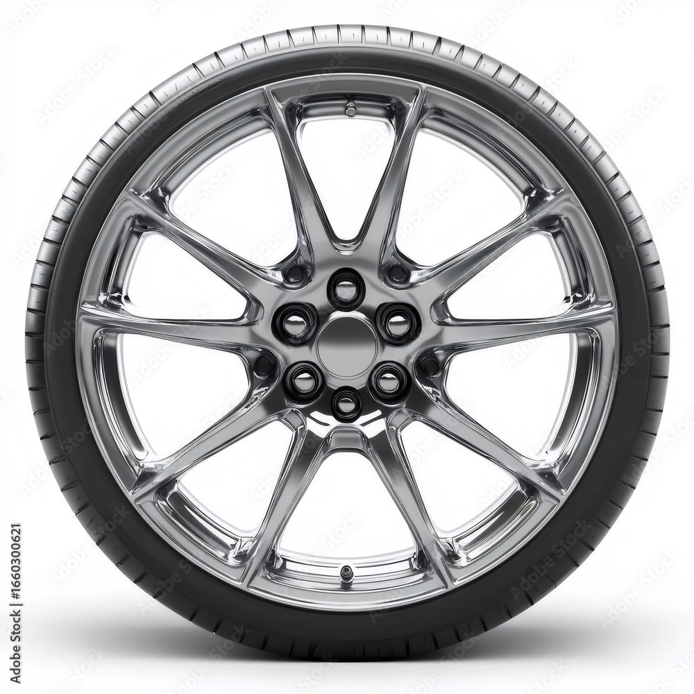 Obraz premium 自動車ホイールのクローズアップ詳細 白い背景の光沢のある金属と黒いゴム