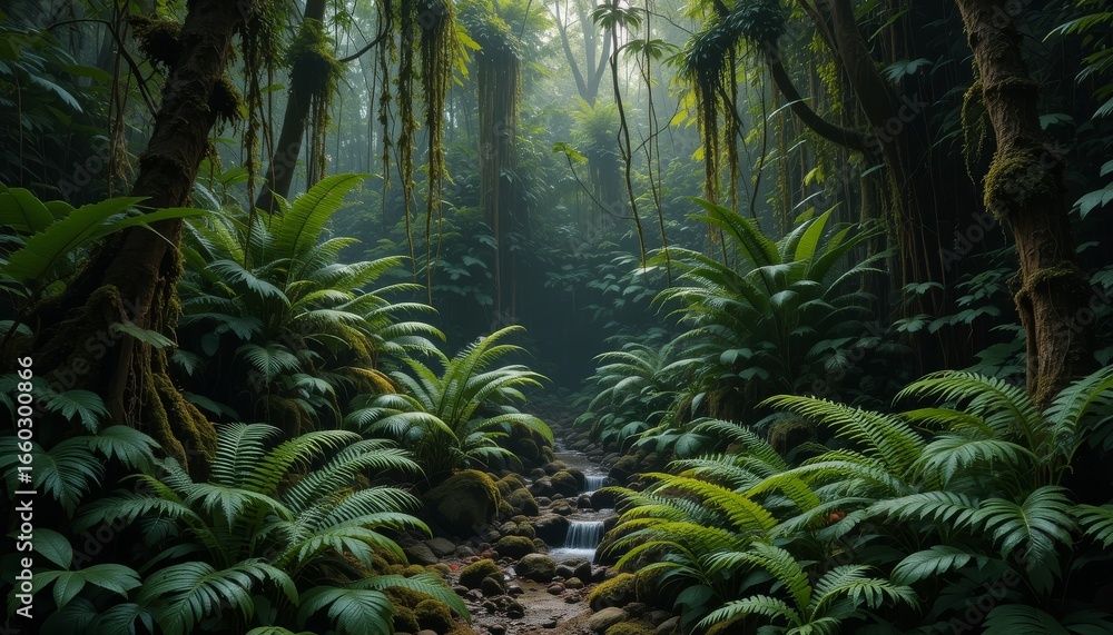 Obraz premium Tropical rainforest floor covered with ferns, moss, and vines in soft diffused morning light