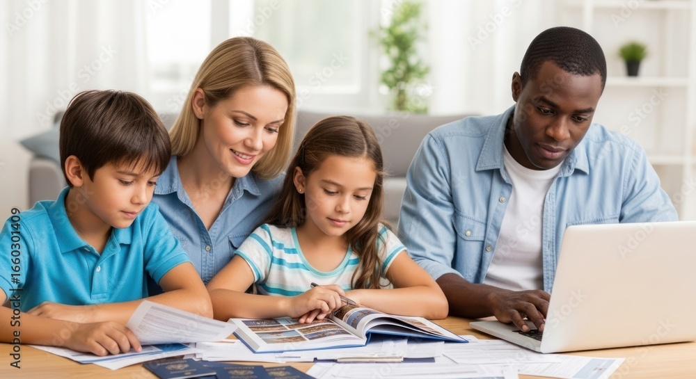 A family of four, consisting of a mother, father, son, and daughter, working together on a laptop in a home office setting. A family of four, consisting of a mother, father, son, and daughter, working together on a laptop in a home office setting.