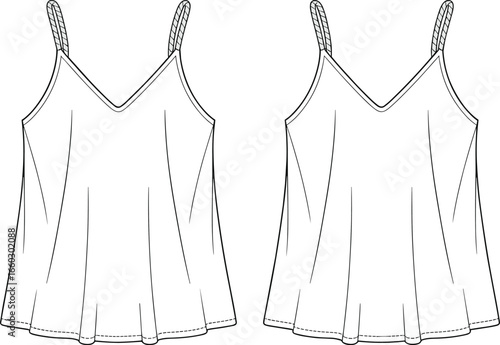 PrintFashion design vector of sleeveless V-neck top with braided straps, loose fit, pleated hem, stylish apparel clothing template illustration