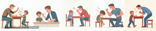 Modern Flat Illustration of Angry Father Scolding His Son Bad Behavior Set