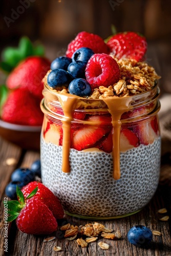 Jar with chia pudding and fresh berries