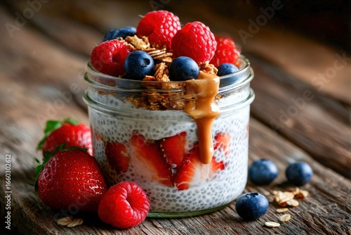 Berry chia seed pudding in jar