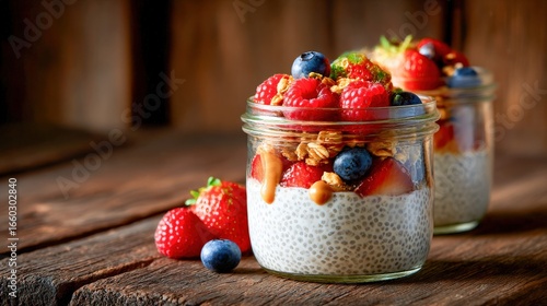 Berries and chia seed pudding jars
