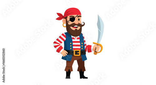 Friendly cartoon pirate character with a red bandana eyepatch and sword.