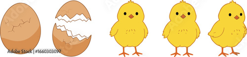 Cute chick hatching from egg illustration, baby chick character, cracked egg design, springtime, new life, vector cartoon, Easter theme