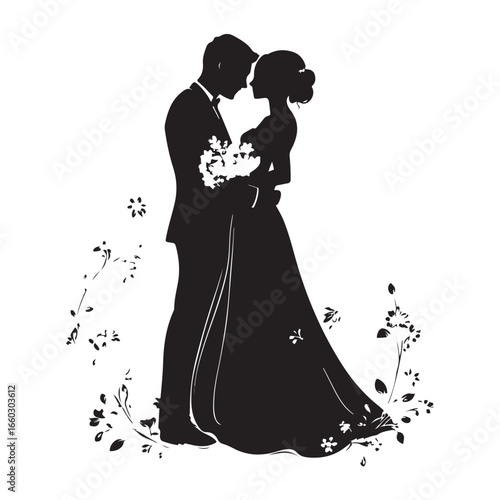 Silhouette Of Bride And Groom. Romantic Wedding Couple Under Floral Arch