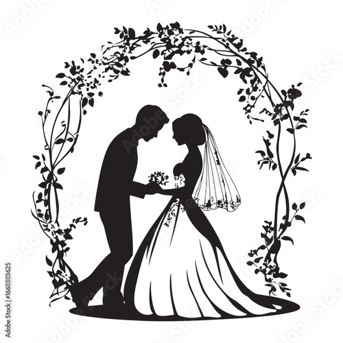 Silhouette Of Bride And Groom. Romantic Wedding Couple Under Floral Arch