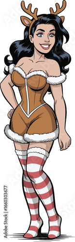 Beautiful cartoon woman in festive reindeer costume, holiday pin-up girl illustration, Christmas themed sexy outfit with candy cane striped stockings