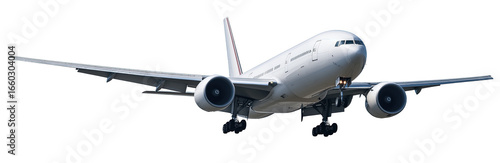 Commercial passenger airplane in flight, isolated on transparent background