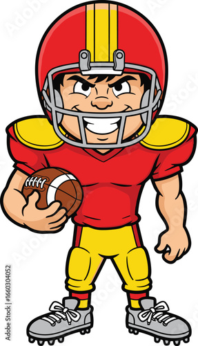 Cartoon American football player, wearing red and yellow uniform, holding football, smiling confident, helmet with face guard, sporty character vector illustration