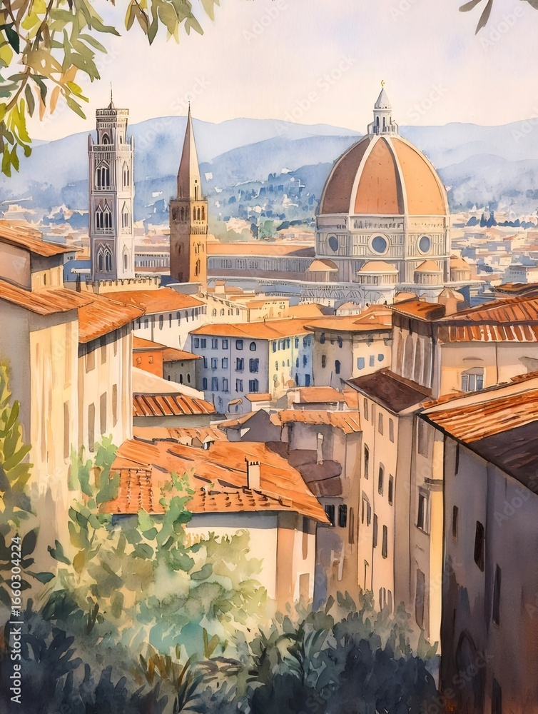 Obraz premium フィレンツェの街並みを描いた水彩画 鮮やかなオレンジ色の屋根と歴史的建造物
