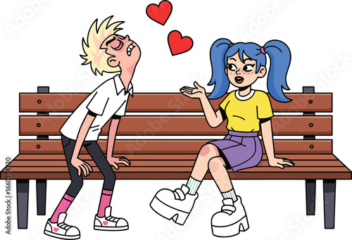 Cartoon vector illustration of a young couple flirting and talking on a park bench, romantic scene with hearts, love expression, cute animated characters