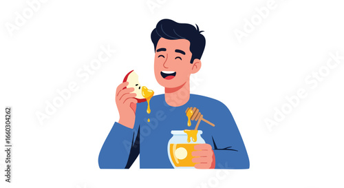 Happy young man in a blue shirt enjoying a slice of red apple with dripping golden honey from a jar.