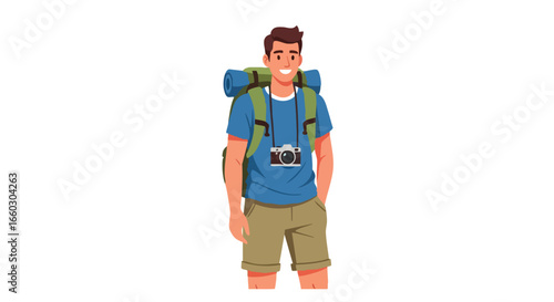 Happy young male traveler character with a large backpack and camera for hiking.