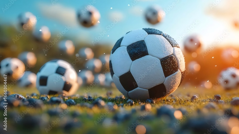 Naklejka premium 多数のサッカーボールが草地を埋め尽くす 鮮やかな光と影が躍動感を演出する 夏の日のスポーツシーン