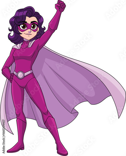 Confident cartoon female superhero in purple costume with cape, standing strong and empowered, perfect vector illustration for comic, feminism, and hero themes
