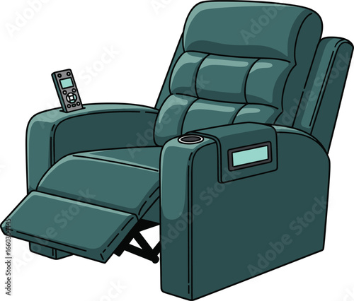 Comfortable recliner chair with remote control, modern home theater seating, padded armrest and cup holder, ergonomic adjustable lounge furniture vector illustration