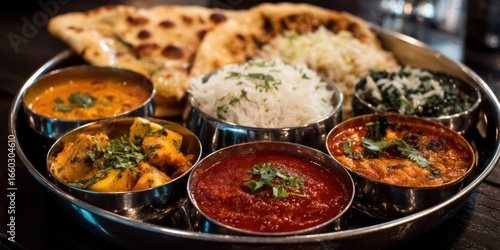 A gleaming stainless steel platter overflows with a vibrant assortment of Indian dishes. Several small, ornate bowls hold curries ? a bright yellow butter chicken, a rich red lamb curry