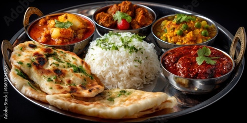 A gleaming, ornate silver platter showcases a lavish Indian feast. The platter is filled with a variety of vibrant curries, including a creamy yellow butter chicken, a rich red lamb curry