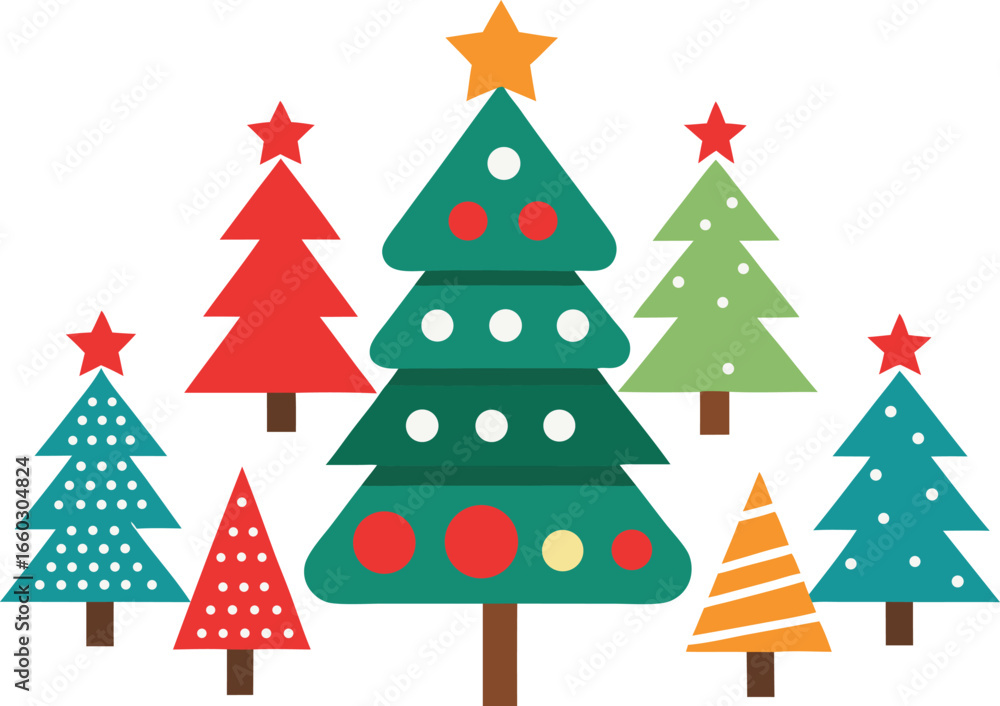 Obraz premium Colorful flat design christmas trees with stars and ornaments