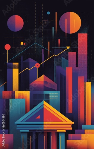 A colorful, retro-style graphic depicting financial data, graphs, and a bank building, symbolizing economic growth and investment.