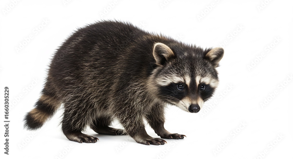 Fototapeta premium 白い背景 鮮やか アライグマ 凛々しく立つ 毛並み美しい 野生動物写真. AI Generated