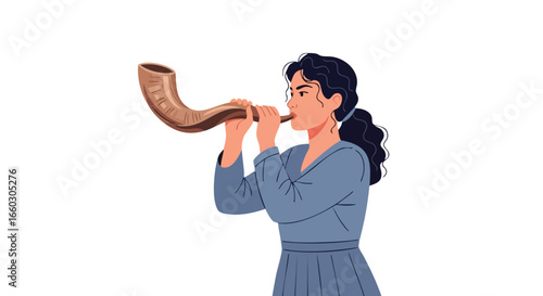 Illustration of a woman with dark hair in a blue dress blowing a traditional shofar horn.