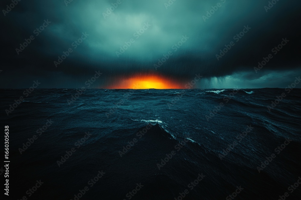 Naklejka premium Ocean storm at sunrise reveals vibrant sky