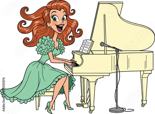 Elegant female pianist playing grand piano, wearing green dress, singing with microphone, stage performance cartoon style, musical entertainment vector illustration, smiling character