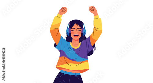 Joyful young woman in a colorful sweater dancing with headphones on vector illustration.
