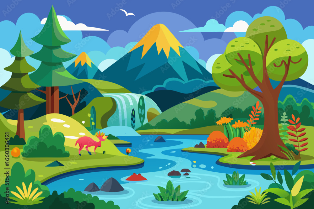 Obraz premium Vibrant cartoon landscape with a flowing river, mountains, trees, and a deer, perfect for travel, nature, and children's book illustrations