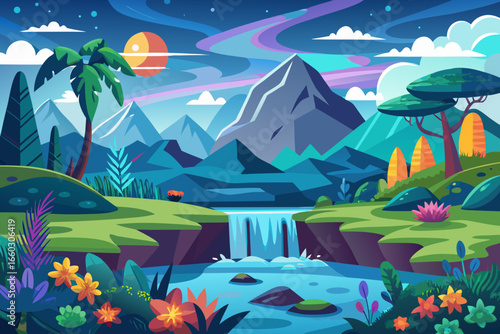 Vibrant stylized landscape with waterfall, mountains, and lush flora under a colorful sky, perfect for travel, nature, and adventure themes, inspiring relaxation and exploration