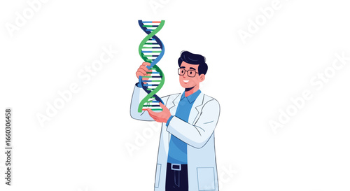 Male scientist in a white lab coat holding a colorful DNA double helix model.