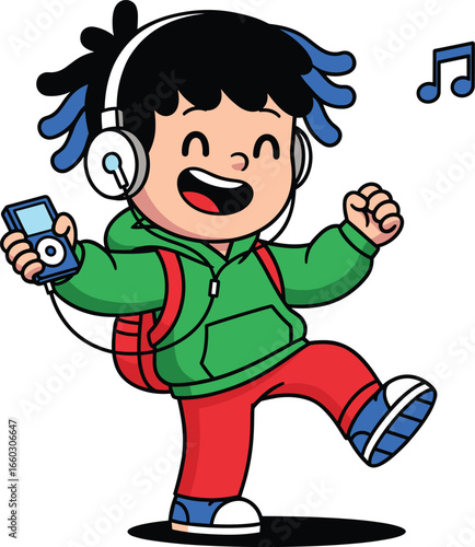 Happy cartoon boy listening to music, wearing headphones and backpack, dancing joyfully with device in hand, cute vector illustration for kids content
