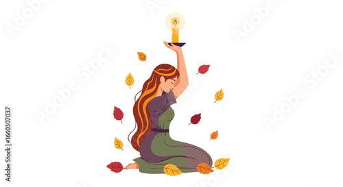 Peaceful woman with long hair holding a glowing candle amidst falling autumn leaves.