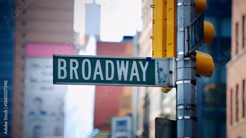 Manhattan, New York City. A closeup shot of a street sign with the word BROADWAY prominently displayed. The sign is green with white lettering and a blue border. The background is blurred.