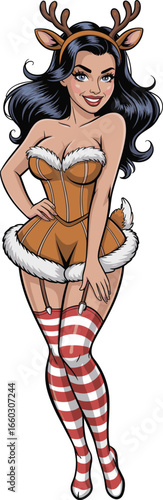 Sexy cartoon pin-up girl in Christmas reindeer outfit, festive holiday costume illustration with candy cane stockings, vintage style winter fashion