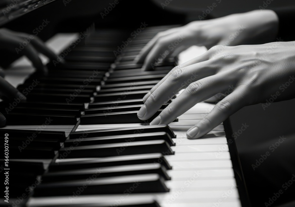 Obraz premium Close up of two pairs of hands playing a grand piano creating beautiful music