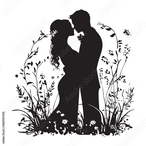Silhouette Of Bride And Groom. Romantic Wedding Couple Under Floral Arch
