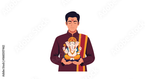 Serene man in traditional Indian attire gently holding a small colorful statue of Lord Ganesha.