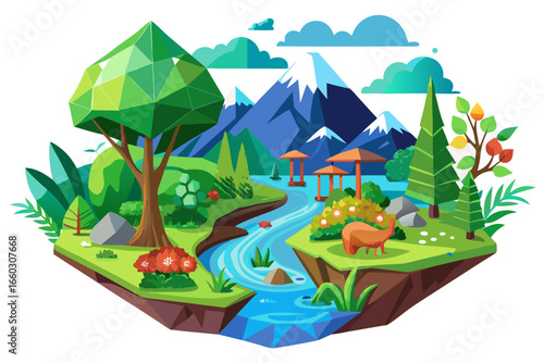 Vibrant stylized illustration of a serene nature scene with mountains, a river, and lush greenery, perfect for travel, tourism, and environmental projects