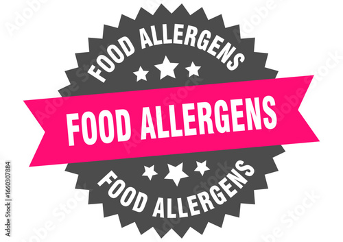 food allergens. food allergens round pink label isolated on transparent background