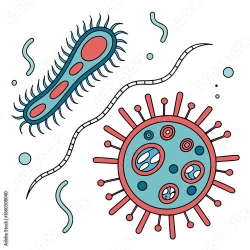 Colorful illustration of virus and bacteria cells with unique structures