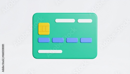 3D Render of a Green Credit Card with Blue and Yellow Accents on a White Background, Perfect for Financial and E-commerce Concepts