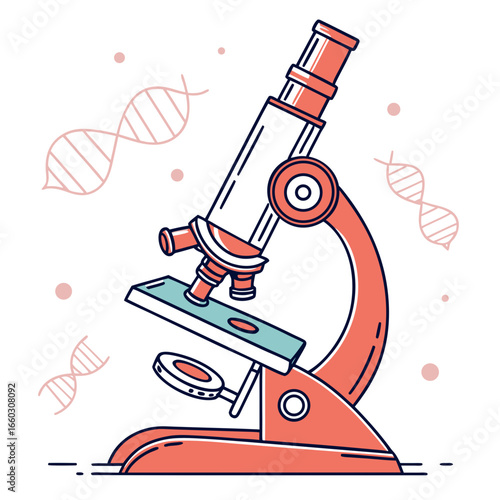Illustration of a microscope with dna strands