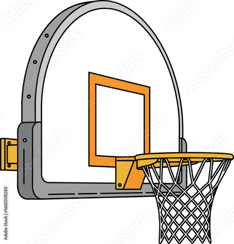 Wall-mounted basketball hoop with net, sports equipment vector illustration, detailed metal frame and orange backboard, perfect for basketball training or game design