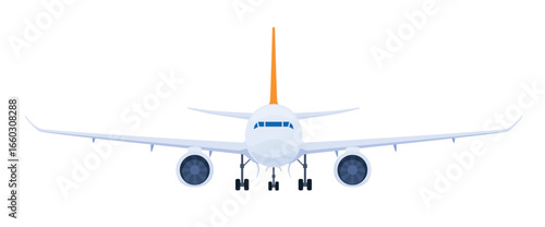 Illustration of a passenger jet from the front with a bright orange nose and distinctive wing structure, perfect for aviation themes and graphic design.