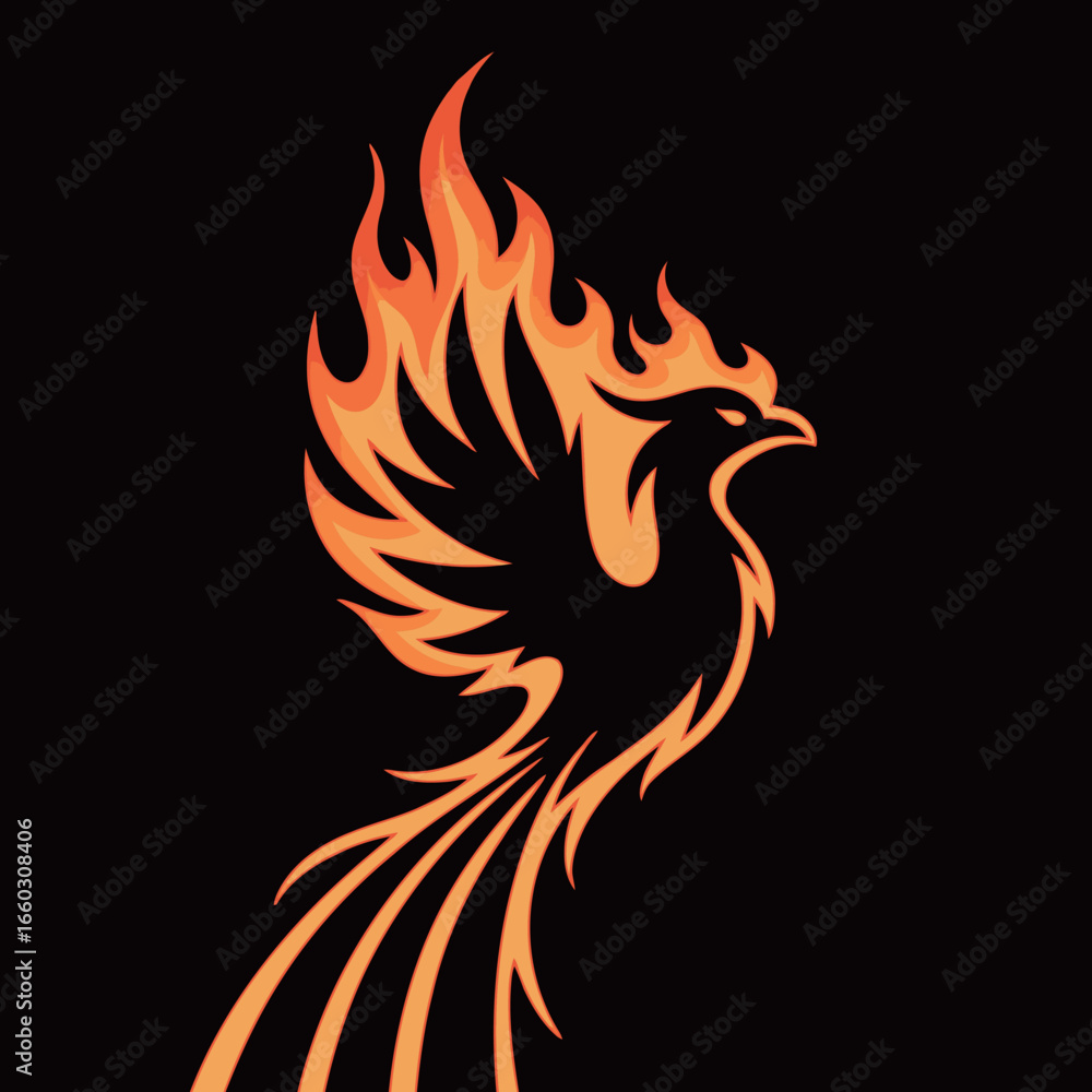 Obraz premium Phoenix bird logo illustration in a fiery orange and black design. A symbol of rebirth, strength, and transformation.
